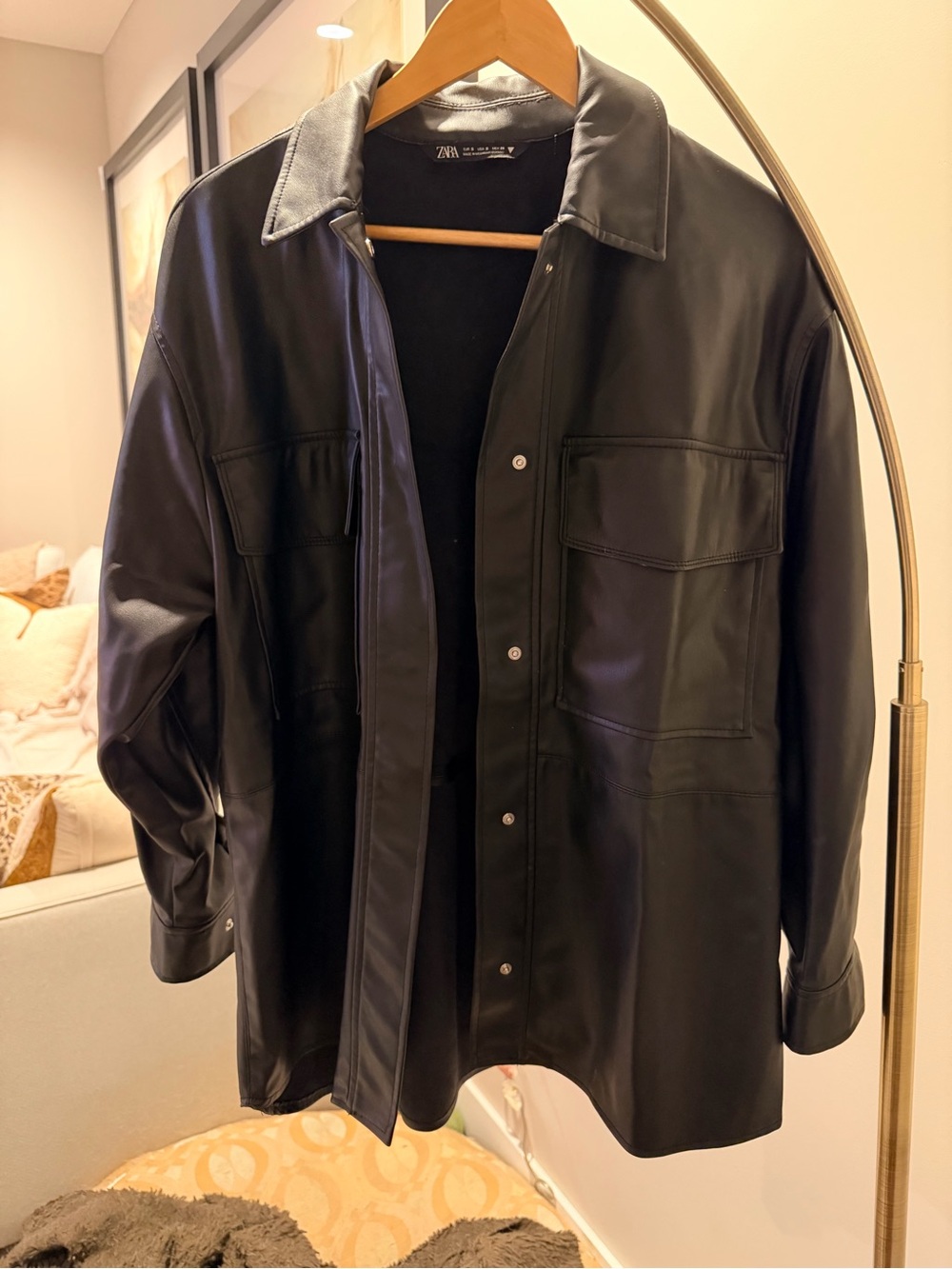 Zara Black Faux Leather Shirt Jacket